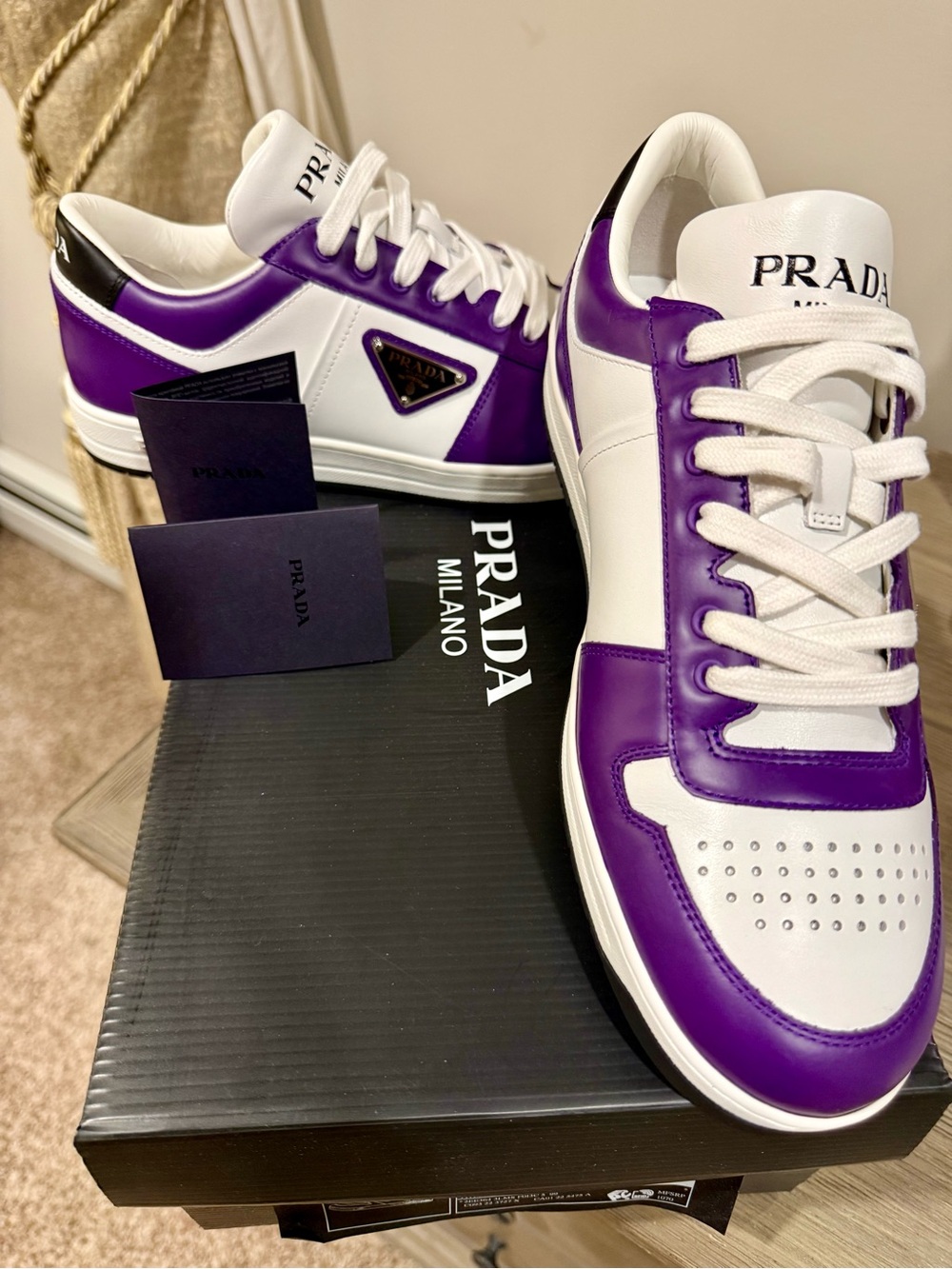 Prada Vitello Rois 3 White and Purple Leather downtown Sneakers